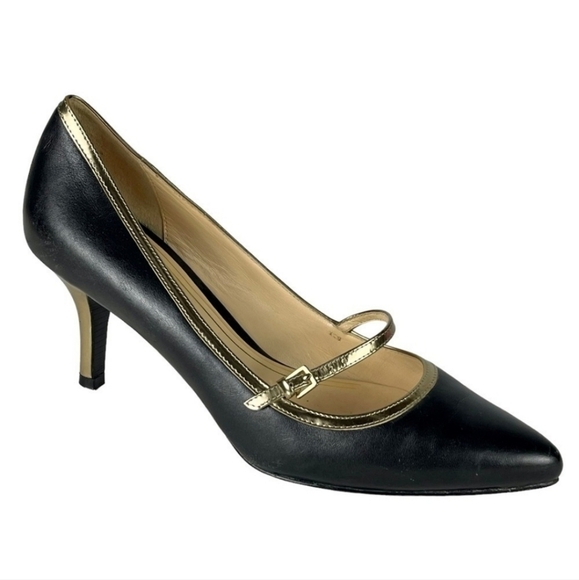 Cole Haan Black w Gold Trim Mary Jane Pointed Toe Pumps W Gold Heels Size: 9M - Picture 15 of 15